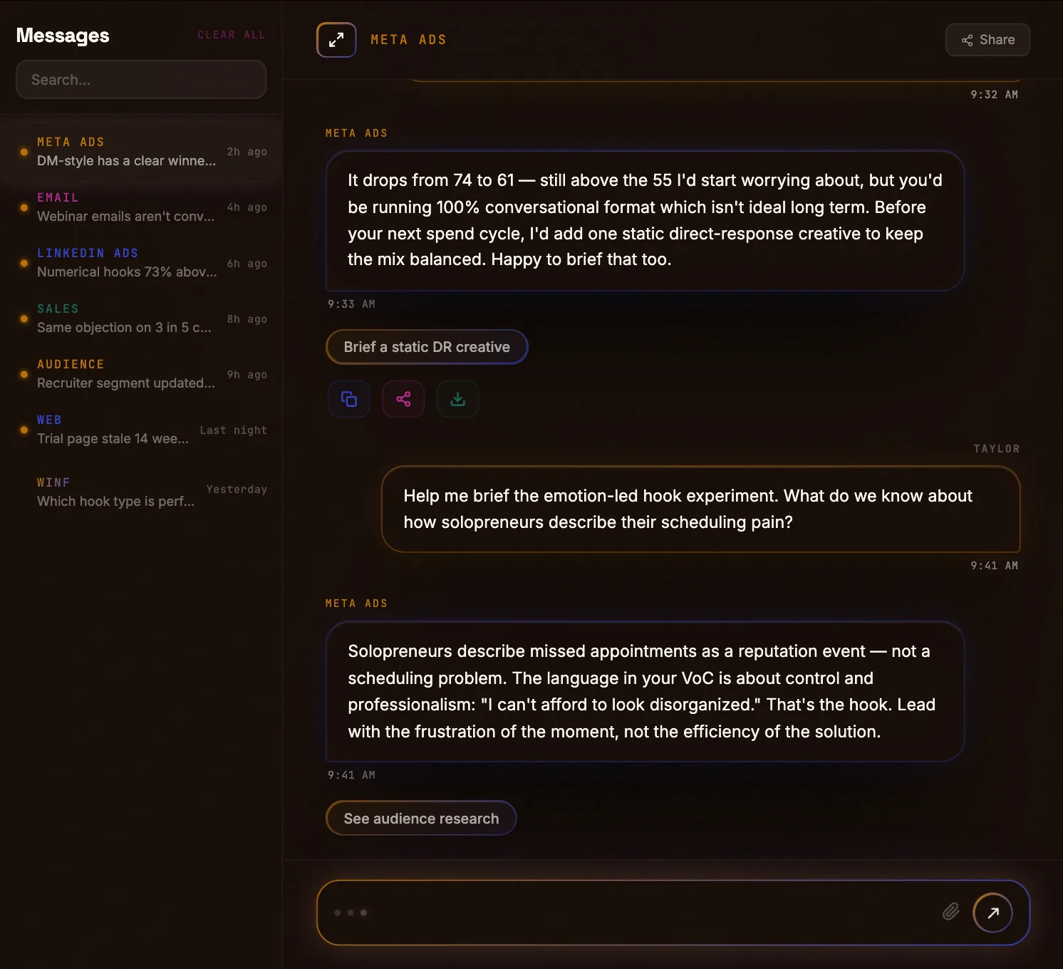 Winf messages thread briefing a static direct-response creative and audience research for an experiment