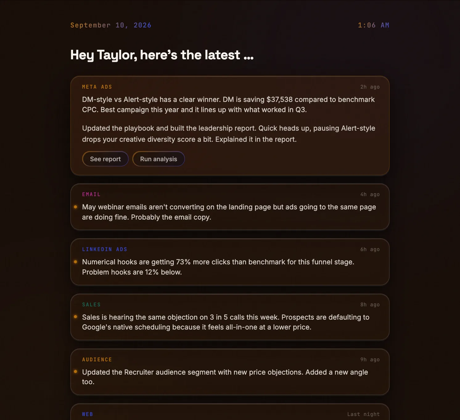 Winf home feed showing an expanded Meta Ads notification with a recommended report and analysis
